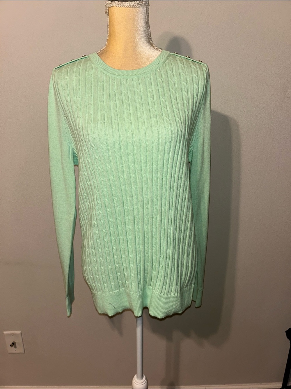 NWT Kim Rogers Mint Cable Knit Crewneck Sweater Sz M